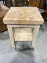 Modern Rolling Pine Wood Island Cart w/ Butcher Block Top. Excellent Condition. See pics.