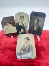 4 x antique Mid 1800's Tin type photos , two men, a baby and a woman see pics