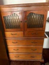 Vintage gentleman's Tall boy dresser w/ top shelf compartments w glass doors See pics