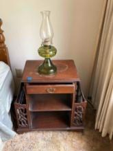 Small 1940's Mahogany Bed side table & magazine rack & Aladdin Oil lamp w/ green base
