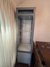 Modern Servre Shelf w/ 4 glass shelves missing cabinet door . See pics