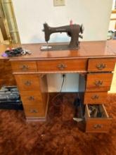Vintage improved Eldridge Rotary Sewing machine W/ cabinet , several scissors , sewing equipment
