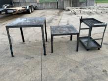 (2) Steel Tables And Steel Cart. Tables Are 36inch X 36inch X 3ft Tall. Steel Cart 18inch X 34inch X