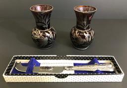 Sterling Cheese Knife - In Box, 1.06 Ozt;     2 Sterling Overlay 4" Vases