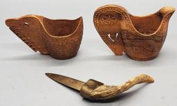 2 Nice 4½" Hand Carved Pitchers;     Brass & Horn Letter Opener