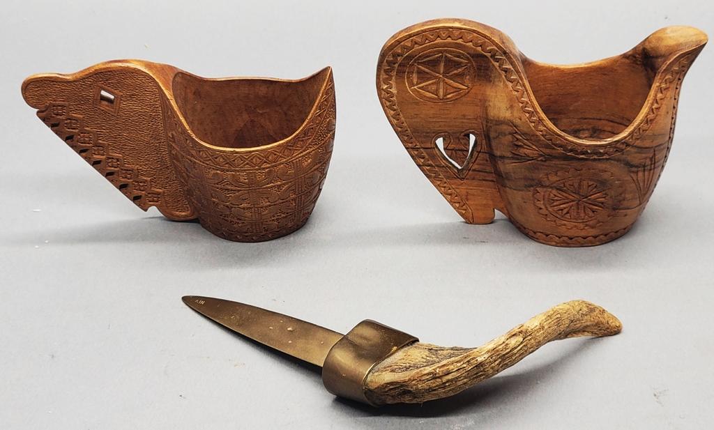 2 Nice 4½" Hand Carved Pitchers;     Brass & Horn Letter Opener