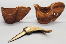 2 Nice 4½" Hand Carved Pitchers;     Brass & Horn Letter Opener