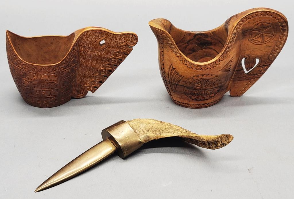 2 Nice 4½" Hand Carved Pitchers;     Brass & Horn Letter Opener