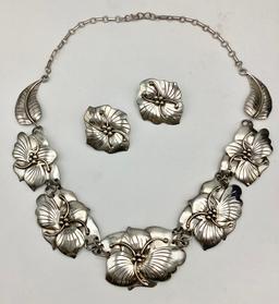 Carol Felley Sterling Hibiscus Necklace - 19½" & Earrings (2.62 Ozt Total W