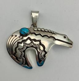 Sterling Bear Fetish Pendant With Turquoise (0.92 Ozt Total Weight)
