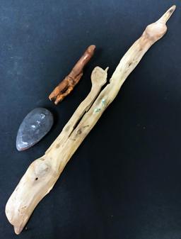 Carved Drift Wood Piece - 29";     Carved Wood Log W/ Lizard;     Carved Fa