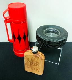 Old Aladdin Thermos;     Vintage Flask In Leather Case;     Old Firestone T