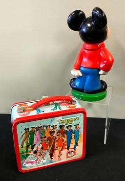 Vintage Mickey Mouse Lunch Box;     Mickey Mouse Bank - 9"