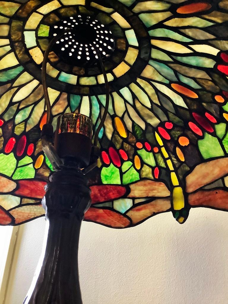 Nice Reproduction 1980s Stained Glass Dragonfly Lamp - 18"x24"