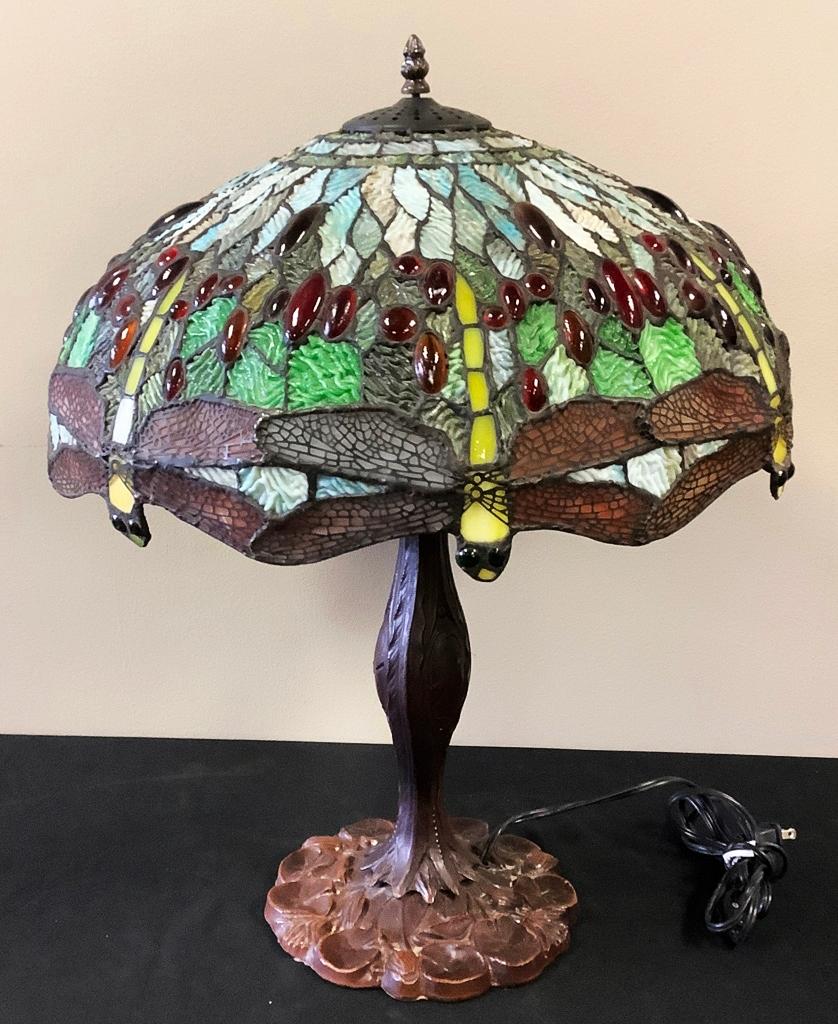 Nice Reproduction 1980s Stained Glass Dragonfly Lamp - 18"x24"