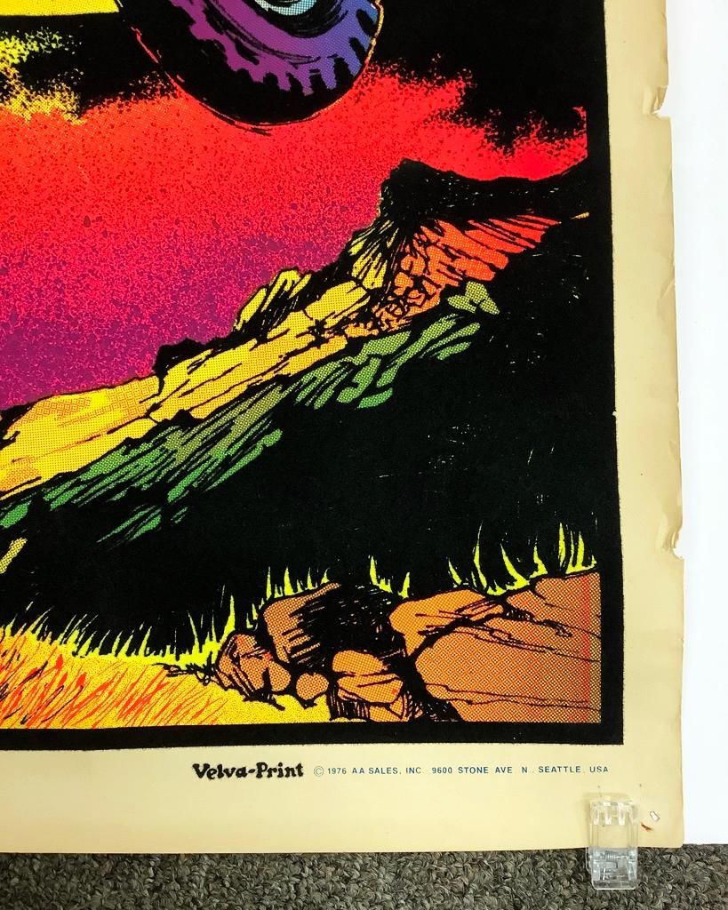 Vintage 1976 Velva-Print Black Light Poster - Night Rider, Thumbtack Holes