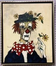 Durandot Rey Oil On Canvas, Clown W/ Daisies, Signed At Left, Framed, 21¼"x