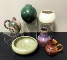 6 Pieces Misc. Vintage Pottery - Green Vase As Found