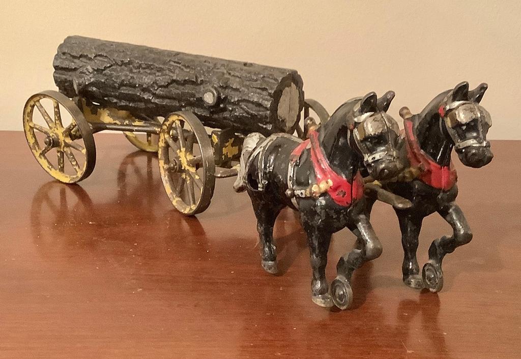 Antique Iron Toy - 2 Horses & Log, Hubley, Missing Driver, 15"x5"