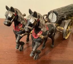 Antique Iron Toy - 2 Horses & Log, Hubley, Missing Driver, 15"x5"