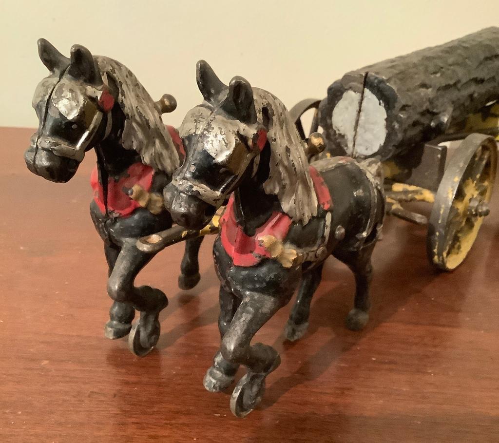 Antique Iron Toy - 2 Horses & Log, Hubley, Missing Driver, 15"x5"