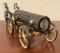 Antique Iron Toy - 2 Horses & Log, Hubley, Missing Driver, 15"x5"