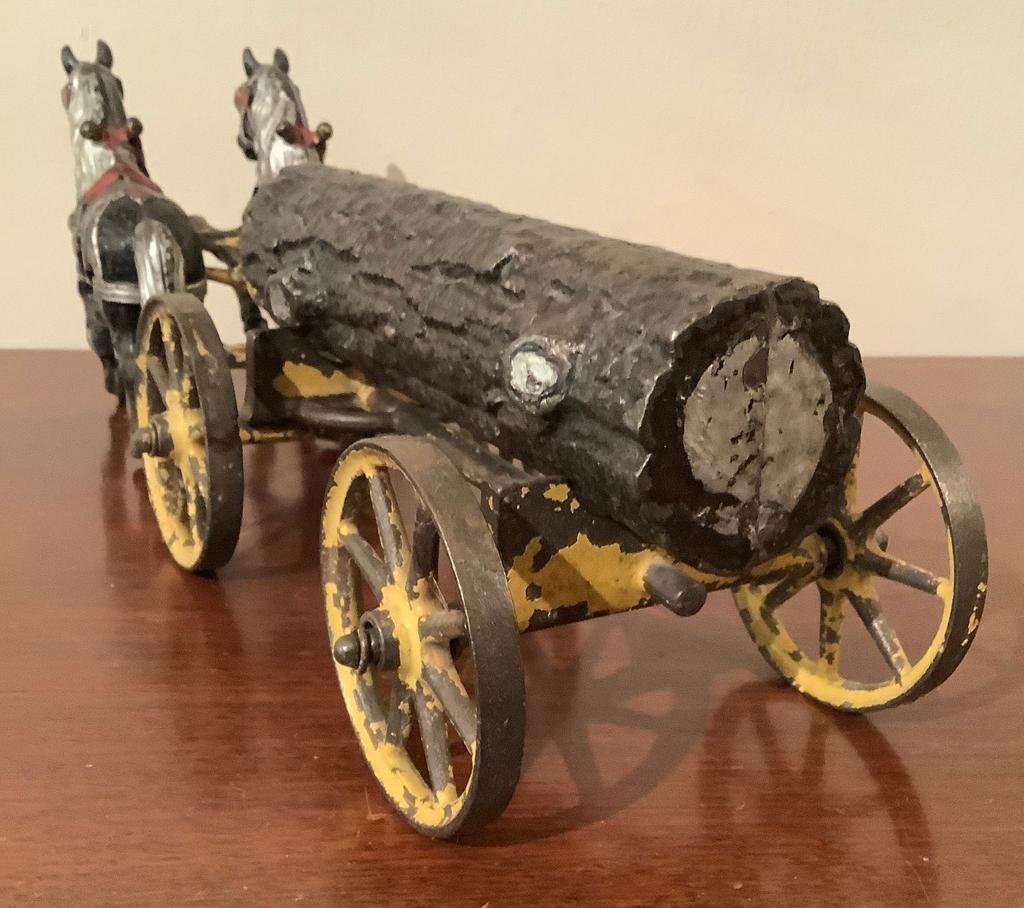 Antique Iron Toy - 2 Horses & Log, Hubley, Missing Driver, 15"x5"