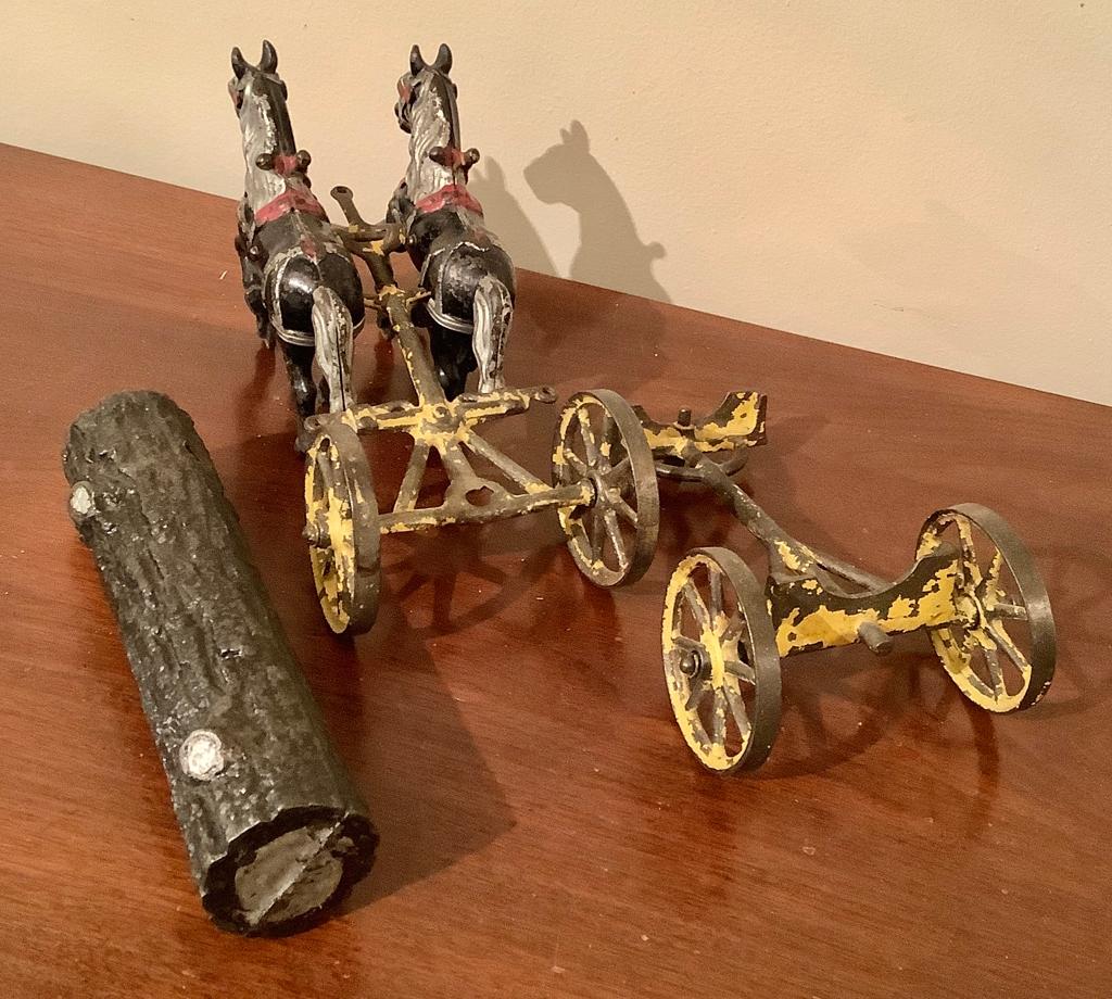 Antique Iron Toy - 2 Horses & Log, Hubley, Missing Driver, 15"x5"
