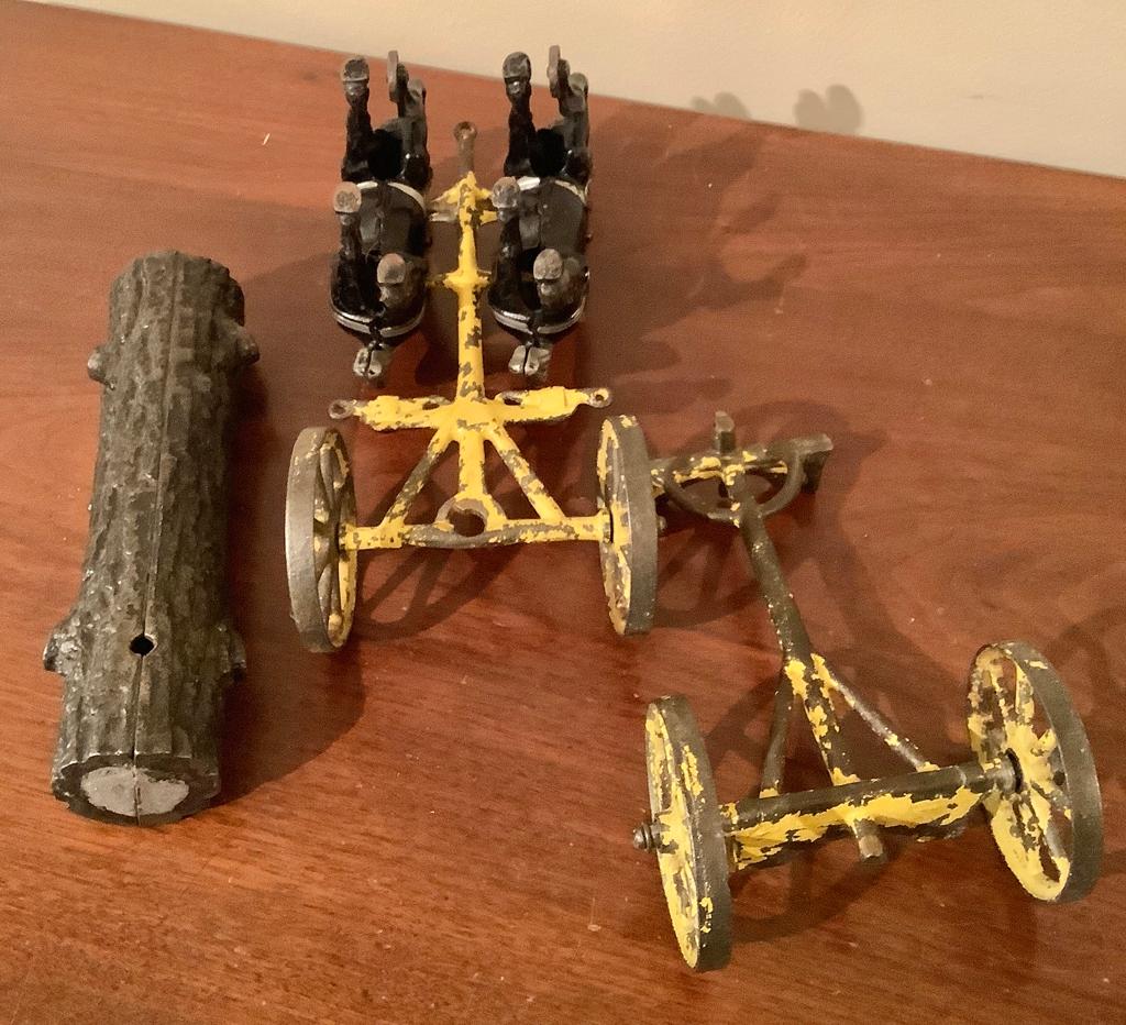 Antique Iron Toy - 2 Horses & Log, Hubley, Missing Driver, 15"x5"