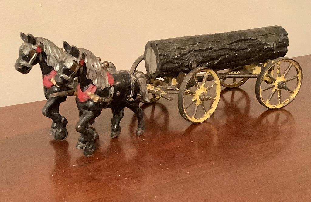 Antique Iron Toy - 2 Horses & Log, Hubley, Missing Driver, 15"x5"