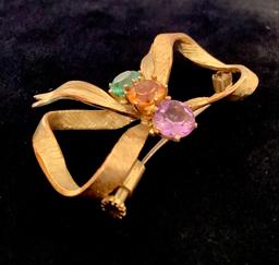 14kt Tested (unmarked) Bow Pin W/ 5 Gemstones - 1½" W, Total Weight 8.6 G