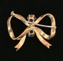 14kt Tested (unmarked) Bow Pin W/ 5 Gemstones - 1½" W, Total Weight 8.6 G