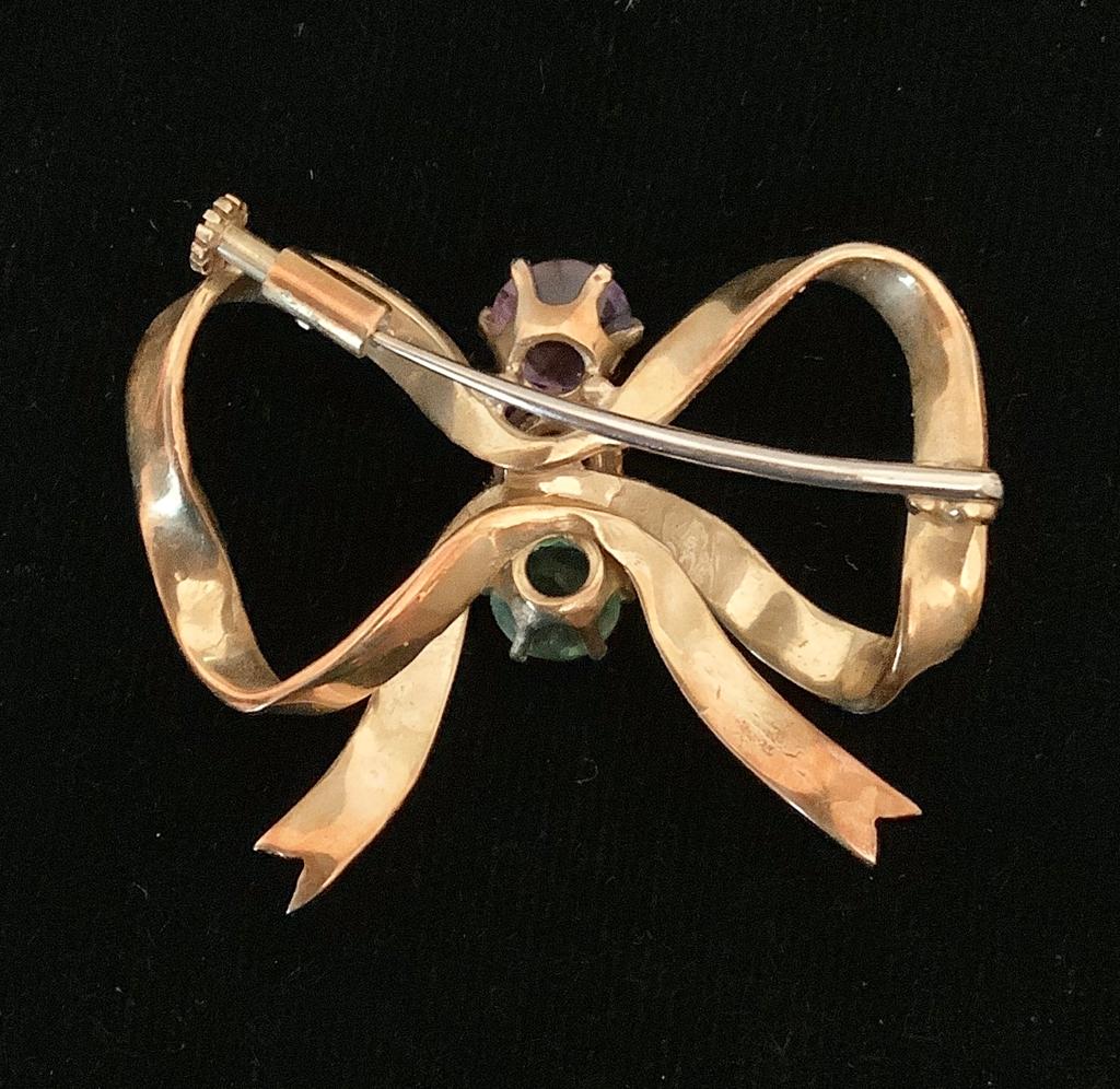 14kt Tested (unmarked) Bow Pin W/ 5 Gemstones - 1½" W, Total Weight 8.6 G