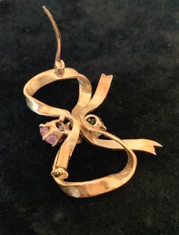 14kt Tested (unmarked) Bow Pin W/ 5 Gemstones - 1½" W, Total Weight 8.6 G