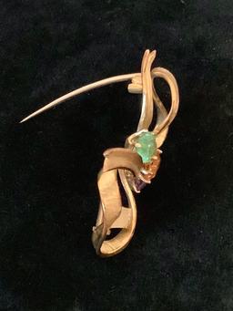 14kt Tested (unmarked) Bow Pin W/ 5 Gemstones - 1½" W, Total Weight 8.6 G