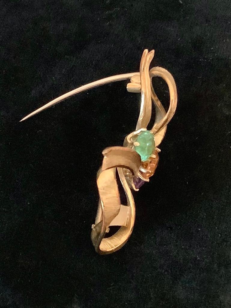 14kt Tested (unmarked) Bow Pin W/ 5 Gemstones - 1½" W, Total Weight 8.6 G