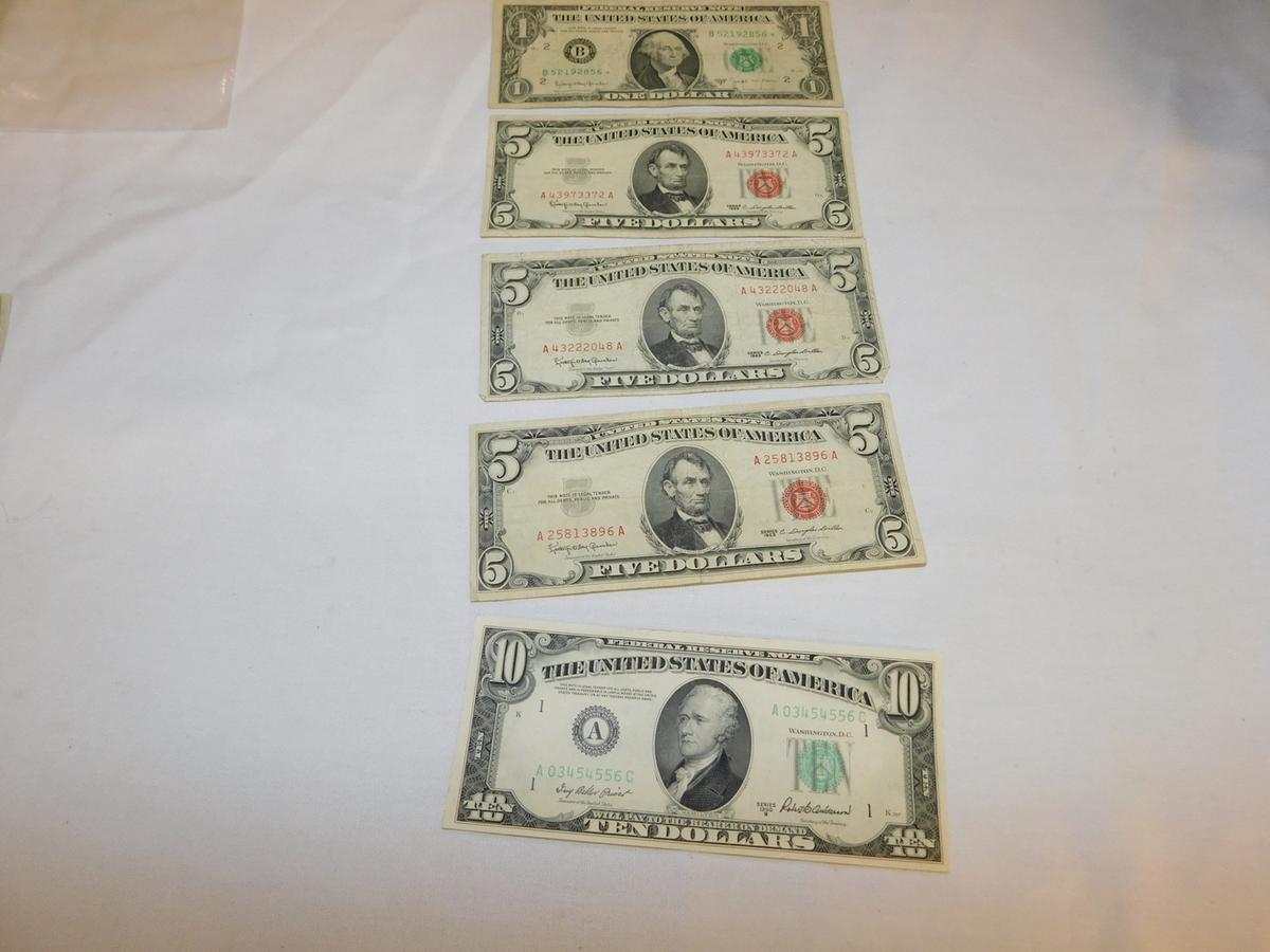 Misc. U.S. Currency $1.00 note 1963B New york Star note, $5.00 notes 1963 (3), $10 note 1950B Boston