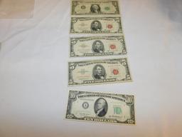 Misc. U.S. Currency $1.00 note 1963B New york Star note, $5.00 notes 1963 (3), $10 note 1950B Boston