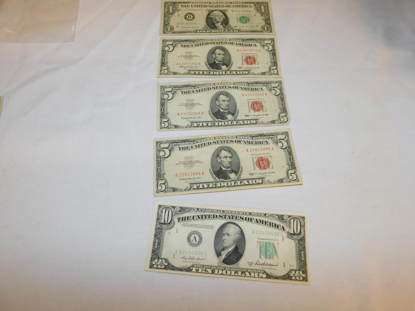 Misc. U.S. Currency $1.00 note 1963B New york Star note, $5.00 notes 1963 (3), $10 note 1950B Boston