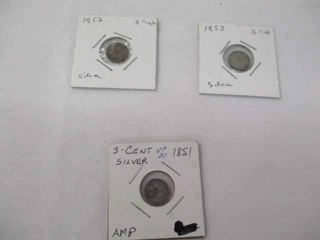 US Three cent silver coins 1851,52,53, 3 coins some high grades