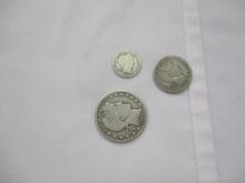 US Barber Coins - Half 1915D, Quarter 1916 D, Dime 1907 3 coins