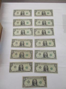 US Currency $1.00 1963B Barr notes circulated, 13 bills