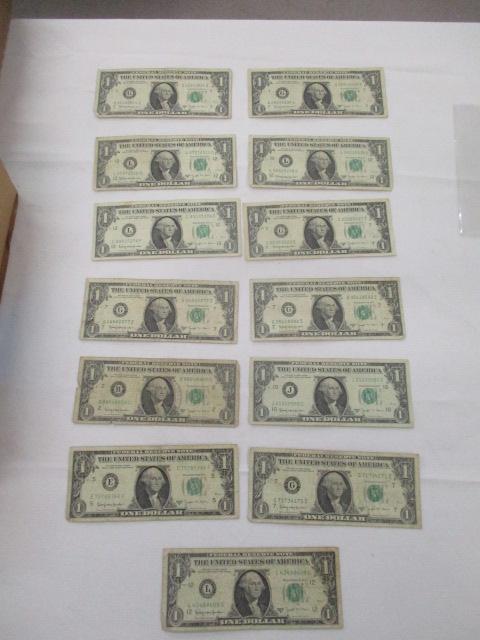 US Currency $1.00 1963B Barr notes circulated, 13 bills