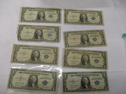 US Currency $1.00 Silver certificates Star Notes 1935E (3), 1935G (3) no motto, 1935F (2), 8 bills