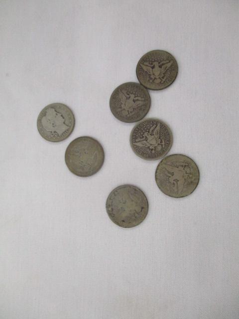 US Silver Barber Quarters 1908O, 1911D,1914(2),1915, 1916D & one no date, 6 coins