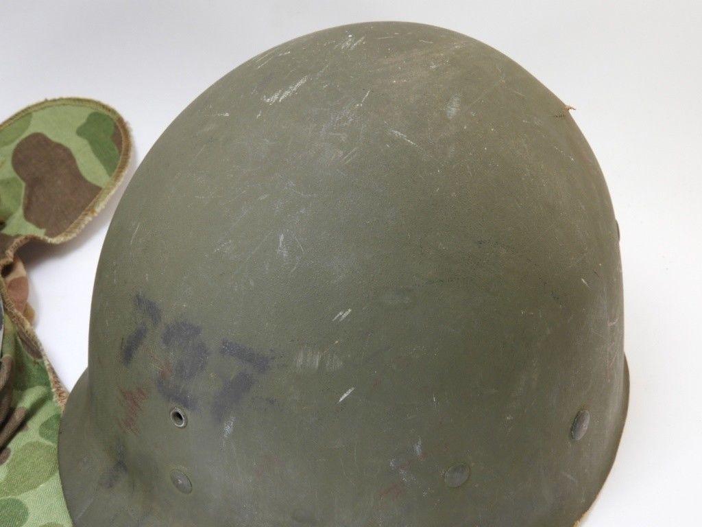 WWII M1 Helmet with USMC Camo Cover fixed bale frogskin "727"