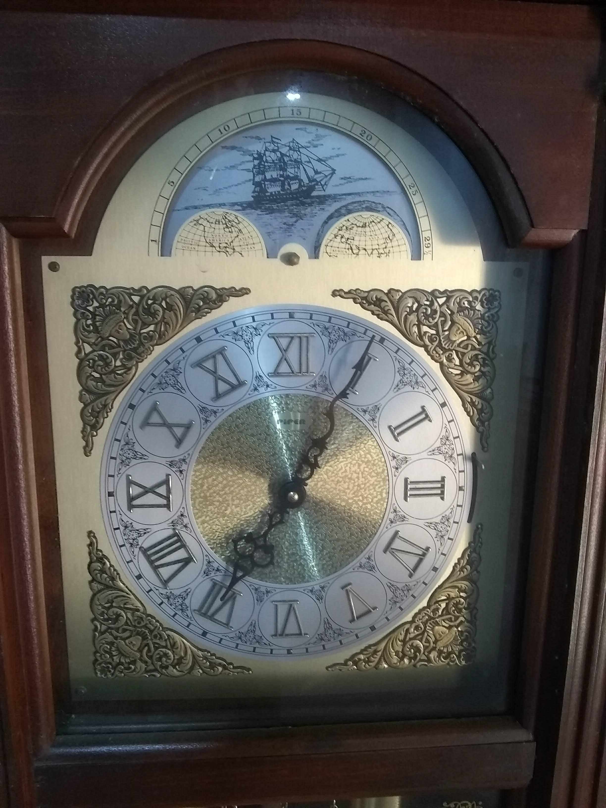Vintage Mahogany Piper Grandfather Clock with Half Moon Dial