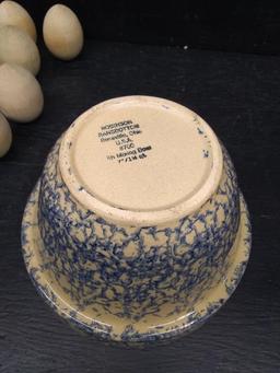Robinson Ransbottom Spongeware Pottery Bowl w/ Wooden Eggs