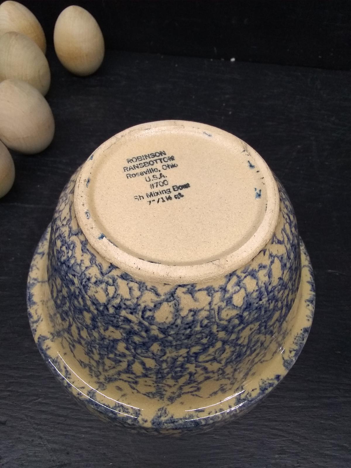 Robinson Ransbottom Spongeware Pottery Bowl w/ Wooden Eggs