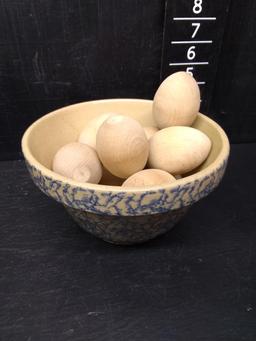 Robinson Ransbottom Spongeware Pottery Bowl w/ Wooden Eggs